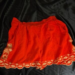Women's Red Embroidered Shorts